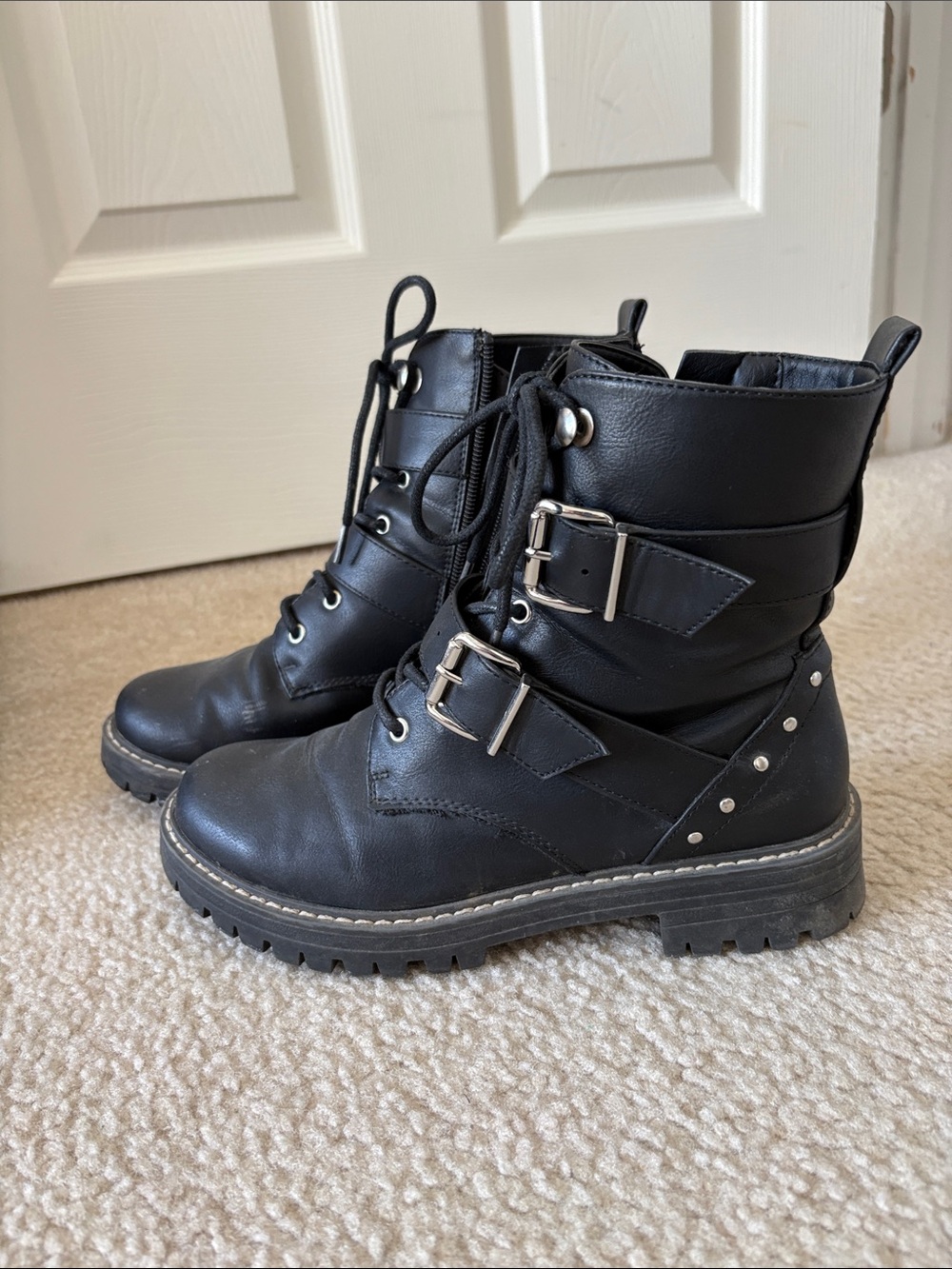 SO Black Lace-Up Combat Boots with Buckle Straps